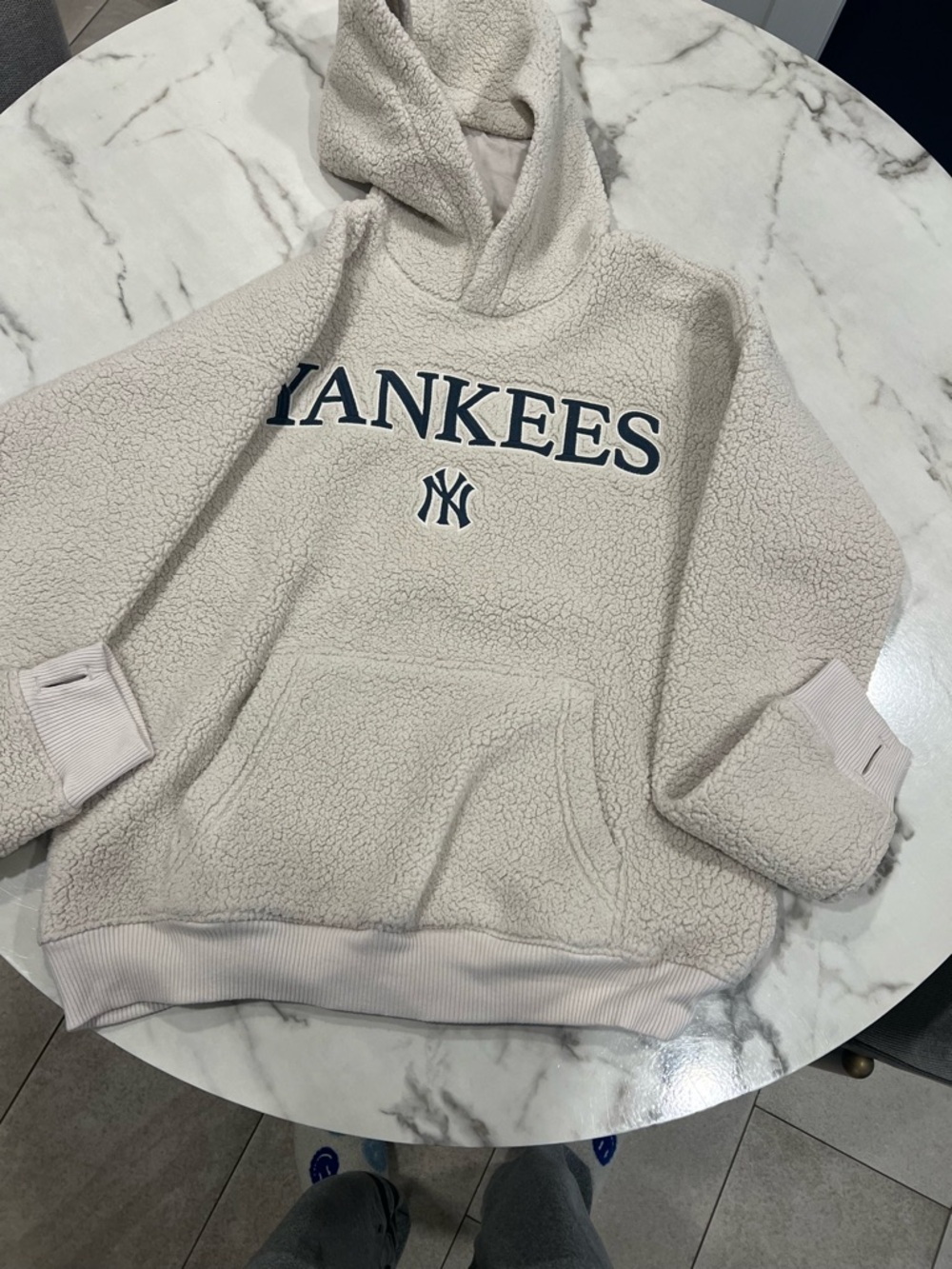 abercrombie kids Cream Sherpa Hoodie with Navy Yankees Logo